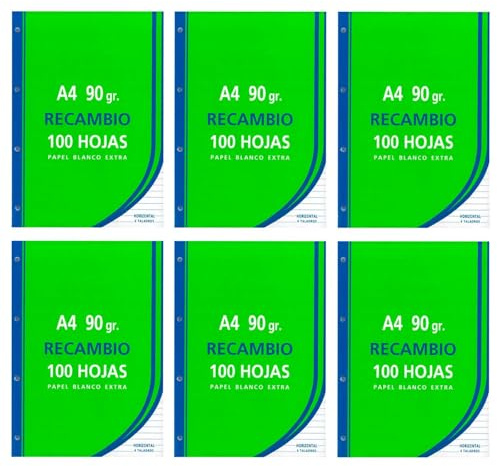 Tradineur - Pack de 600 hojas rayadas A4 perforadas con margen, recambio hojas sueltas para archivador, 4 taladros, papel 90 g, material escolar, oficina, modelo aleatorio