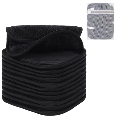SINLAND Mikrofaser Make-up Entferner Tuch 12 Stück weiches Gesichtsreinigungstuch saugfähiges Waschlappen Waschbar Gesichtstücher Schwarz 15cmx15cm