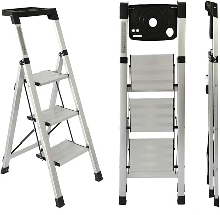 UZIRO Escalera Plegable 3 Peldaños, Escaleras Plegables de Aluminio Liviana, Porta Herramientas, Peldaños Anchos Antideslizantes, Scada para Trabajo, Compacta, Fácil de Utilizar (3 Pedaños)