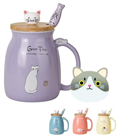 Süße Katzentasse, Kawaii-Keramik-Kaffeetasse mit Kätzchen-Holzdeckel und schönem Edelstahl-Löffel,japanische Tier-Tassen, Weihnachts-, Geburtstagsgeschenke für Frauen, Katzenliebhaber (Violett)