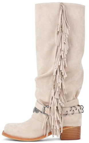 KISTANIA Women's White Riding Boots with Fringes Wide Calf Knee High Fold-Over Square Toe Motorcycle Boots Chunky Block Low Heel Pull-On Leather Fashion Buckle Straps Biker Booties Size 12
