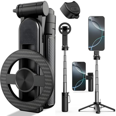 4-in-1 Multifunctional 360° Rotation Magnetic Selfie Stick, Mini Portable Extendable Phone Tripod with Remote and Metal Ring for iPhone & Android, for Travel Vlog Live Streaming (Black)