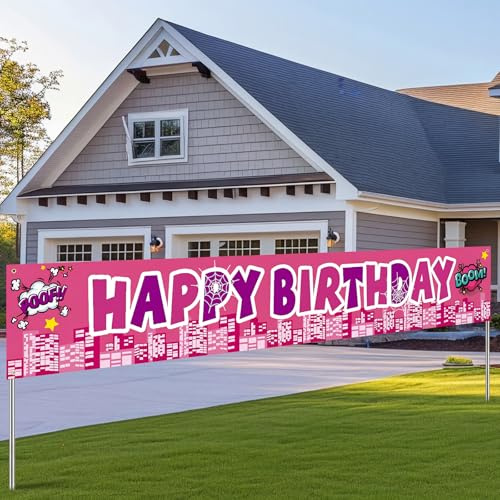 Hillsuren Pink Spider Happy Birthday Banner 9.8 x 1.6 ft Pink Spider Birthday Backdrop for for Girls Boys Baby Shower Party Decorations Supplies Photography Background