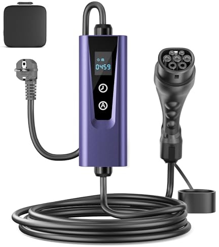 Evjuicion Chargeur Voiture Electrique 3,68kW [16A-6A, 0-12H] 6m Chargeur Type 2 avec Numérique LED, Domestique Cable Recharge Voiture Electrique avec Sac, Compatible E-208, Model Y et Autres EV/PHEV
