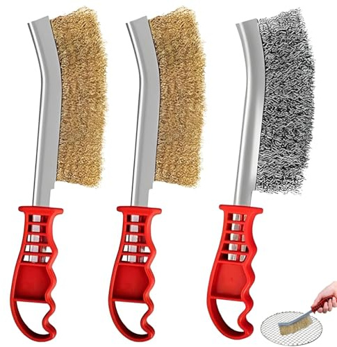 3 Pcs Hand Wire Brush Set, Wire Brush, Heavy Duty Hand Tools, Carbon Steel Bristles, Brass Brushes, Long Handled Brass Coated Brushes, for Cleaning Rust, Paint and Welding Slag