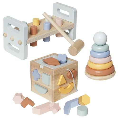 Generisch Holzspielzeug-Set für Kleinkinder ab 18 Monaten – Motorikwürfel, Hammerspiel & Stapelpyramide in Pastell – Lernspielzeug zur Förderung von Motorik, Hand-Auge-Koordination & Problemlösung