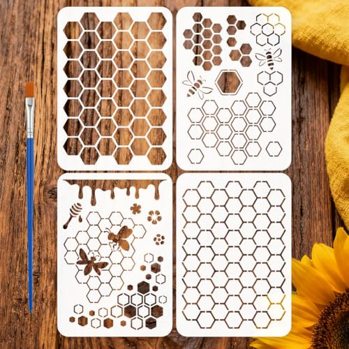 FINGERINSPIRE 4 Stück Sechseckige Bienenwaben Malschablone Mit Pinsel Wiederverwendbare Bienenwaben Schablone 29.7x21cm Für DIY Bastelarbeiten Und Dekorative Holzmalerei Mauer Stoff Möbel Karte