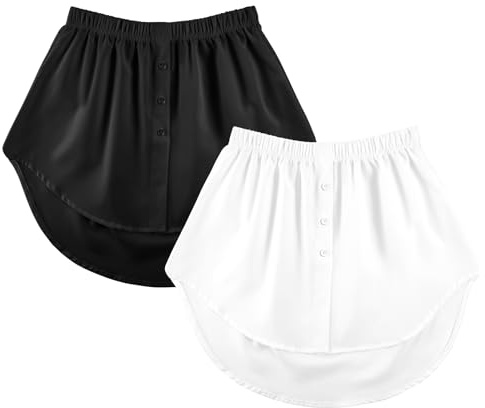 AYBUY Falda Camisa Falsa Mujer, 2 Piezas Extensores de Camisa Bajo Capas, bajo de camisa mujer, Cintura Elástica, Parte Superior Inferior Ajustable con Capas para usar en capas (L, Blanco, Negro)