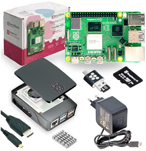 BerryBase Raspberry Pi 5 Starterkit (1GB RAM) – Offizielles Bundle mit Gehäuse, Netzteil 27W, MicroSD (vorinstalliert mit Raspberry Pi OS), HDMI-Kabel, Kartenleser & Geschenkverpackung