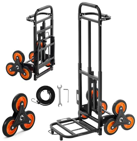 VEVOR Carretilla de Mano Plegable con Asa Telescópica, Carga Máxima 100 kg, Carro Sube Escaleras Marco Resistente de Acero al Carbono con 2 Cuerdas y 6 Ruedas, para Compra Hogar Almacén y Oficina