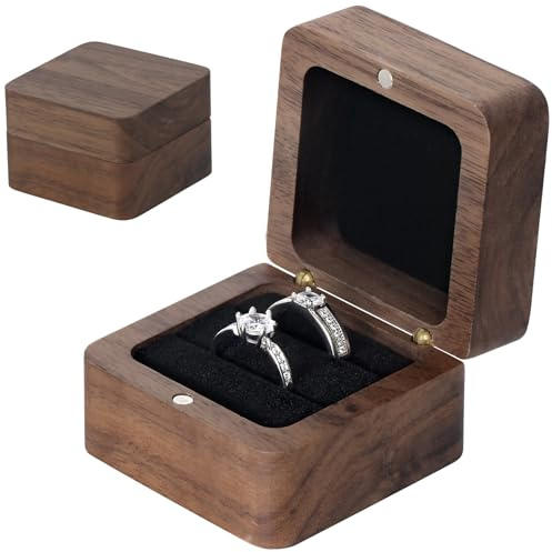 MFXIP Wooden Ring Box, 2 Slots Small Square Solid Wood Double Ring Holder Case Box, Vintage Ring Case for Wedding Rings, Perfect for Engagement, Proposal, Anniversary, Ceremony, and Gift Giving