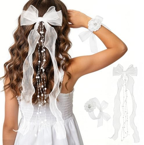 Kommunion Haarschmuck Mädchen, Weiße Schleife mit Perlen und Organza-Bändern, Kopfschmuck Erstkommunion Blumenmädchen, Haarband für Hochzeit, Geburtstag, Festtag