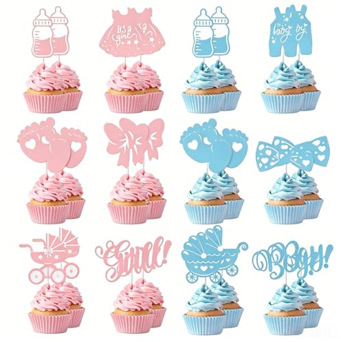 Gender Reveal Cake Toppers, Pink and Blue Gender Reveal Cake Decor, 24Pcs | Smooth Cardstock, Pre-Assembled Wooden Stick, Pink Blue Theme, Suitable for Gender Reveal, Baby Showers and Cupcakes