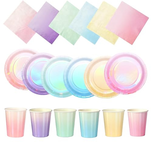 Shiny Laser Holographic Party Tableware Set,90pcs Holographic Laser Disposable Dinnerware Paper Plates Cups and Napkins Kit for Kids/Aldult Birthday Party Supplies Table Decorations