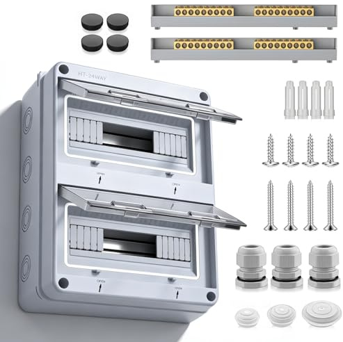 Coffret Electrique Etanche Exterieur IP65, 24 Modules Boîtier Électrique Extérieur, Boîte de Distribution avec Terminaux et Rails Intégrés, Boîte à Fusibles Distributeur en Saillie pour Extérieur
