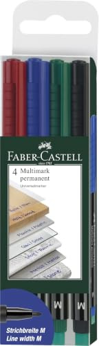 Faber-Castell - Marker Multimark Permanent M, 4 Farben | Permanente Tinte für Folien, CDs, Glas, Kunststoff und Metall