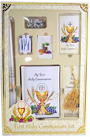 Christian Brands My First Holy Communion Deluxe 7-Piece Set Bread of Life Boxed Gift with Mass Book| Rosary| Scapular| Lapel Pin| Bookmark| Holy Card| Candle, for Girls