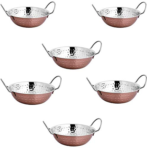 EVOKK Set of 6 Indian Copper Balti Dishes 20cm Traditional Curry Bowls with Handles Handcrafted Copper Pots for Indian Food & Restaurant Serving