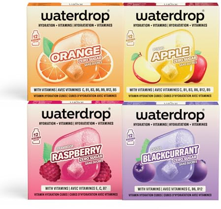 waterdrop® Microdrink Set Coffret Fruits Classiques - 48 Pastilles Pour Boisson Hydratante en Saveurs Pomme, Orange, Framboise & Cassis, Cubes Boisson Vegan, Vitamine C B, Eau Aromatisée Sans Sucre