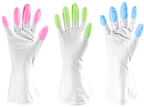 TRIXES Rubber Gloves - Pack of 3 Pairs - Washing up Cleaning Gloves - Gardening Glove Set for Men Women - Non-Slip Multipurpose Household Gloves - Colour Tipped - Pink Green & Blue - Large
