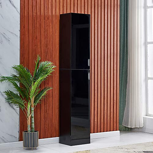 QIHANG-UK Tall Bathroom Cabinet, Narrow Floor Standing Cupboard Organizer, High Gloss Slim Kitchen Storage Unit with 2 Doors 4 Shelves, Tallboy Corner Shelving Cabinet for Living Room (Black)