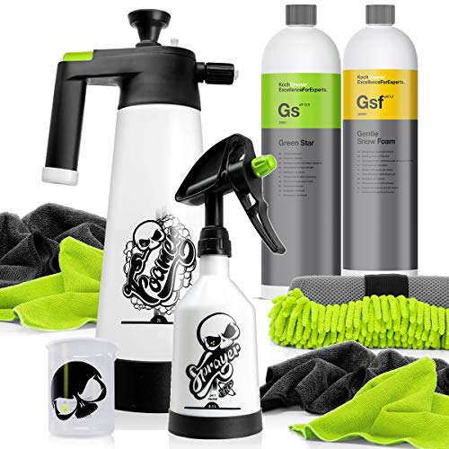 Nuke Guys Koch Chemie Foam Set: KochChemie GreenStar Universalreiniger + KochChemie Gentle Snow Foam + Nuke Guys Sprayer 0,5L + Foamer 2L + 4 Mikrofasertücher + Messbecher