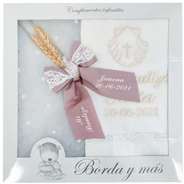 Kit de vela y pañuelo personalizado para bautizo – Pack de vela decorada para Bautizo y Paño bordado con nombre y fecha del Bautismo - Modelo París (Rosa Maquillaje)