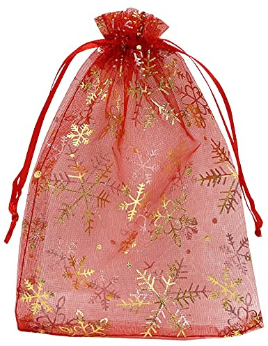 Jexila 100 Stück Weihnachts-Organza-Beutel, 12,7 x 17,8 cm, rote Schneeflocke, Netz, Kordelzug, Schmuck, Geschenkbeutel für Weihnachten, Hochzeit, Party, Gastgeschenke, Leckerli-Taschen