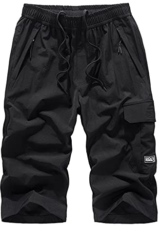 MakingDa Pantalones cortos de 3/4 de longitud para hombre, por debajo de la rodilla, pantalones cortos largos de tres cuartos con bolsillo con cremallera, Negro, 4XL