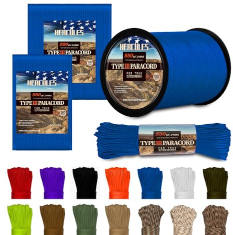 HERCULES Type III Paracord 550 Rope Parachute Cord, 100' Royal Blue