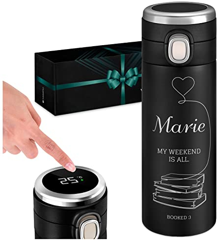 Maverton Thermobecher Kaffeebecher mit Gravur 400 ml - Trinkflasche Auslaufsicher 100% dicht - Thermo Trinkflasche mit LED-Temperaturanzeige - Travel Mug für Frauen - schwarz - Leserat