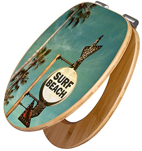 banjado Design WC Sitz Bambus Absenkautomatik 45,8x37,5cm / Toilettendeckel mit Absenkautomatik Holz/hochwertiger Bambus Klodeckel/WC-Sitz für gängigen Toiletten/Motiv Surf Beach