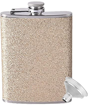 Flachmann edelstahl, Flachmann klein, Edelstahl Flachmann mit Trichter, Flachmann mit gravur, für Wandern, Klettern, Angeln und Camping (Gold)