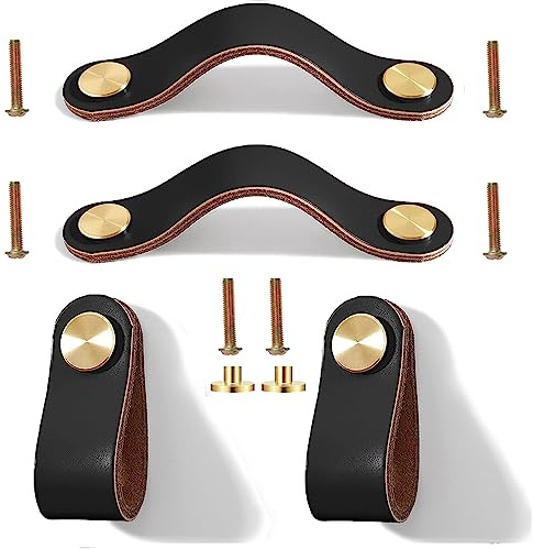 Ledergriffe für Möbel 4 Stk - Kleiderschrank Griffe, Schubladen Knöpfe, Schrankgriffe Leder, Möbelknöpfe für Kommode, Schublade, Schranktür - 13,8cm