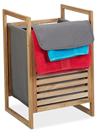 Relaxdays Cesto Ropa Sucia con Tapa, Cubo Colada con Saco Textil de 50 l, 60x40x35 cm, Baño, Dormitorio, Natural y Gris, Algodón