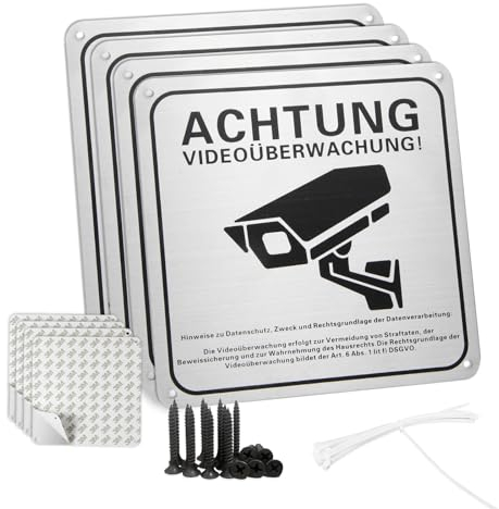 Sign 4 Stück Achtung Videoüberwachung Schild Privatgrundstück mit DSGVO Hinweis,Schilder Aufkleber Videoüberwachung,15x15cm,100% Alu,Selbstklebend und 4 Bohrlöcher,für Außen