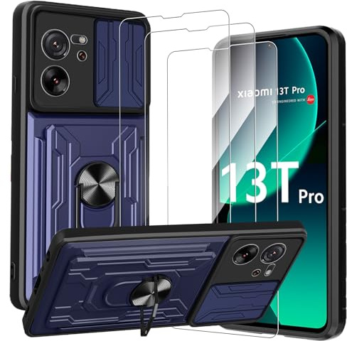 CONAPIKA Funda para Xiaomi 13T/13T Pro + 3 X Cristal Templado, con Cubierta de Cámara Deslizante+360 Grados Magnetic Anillo+Tarjeta Ranura PC Dura y TPU Anti-Choque Case, Azul