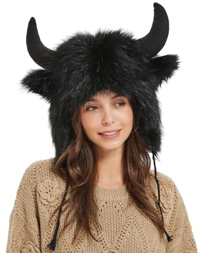 Büffelhut mit Hörnern – warmer Büffelhut, Wintermütze, Ohr-Kopfbedeckung für Männer und Frauen für Tier-Cosplay, Pelzhut für den Außenbereich