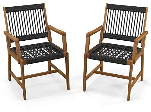 GOPLUS Gartenstühle 2er Set, Bistrostuhl mit Rückenlehne & Armlehne, Balkonstuhl aus Massivholz bis 160 kg belastbar, Holzstuhl Outdoor für Terrassen Garten Balkon
