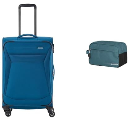 Travelite 4-Rad Koffer Größe M Weichschale & Handgepäck Kosmetiktasche, Gepäck Serie Kick Off: Praktische Kulturtasche für Urlaub und Sport, 26 cm, 5 Liter