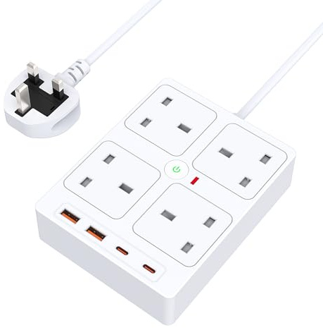 4 Way Extension Lead with 4 USB Slots,900J Extension Cable 1.5M | Power Strips with 4 Gang, Plug Extension Sockets（2 Type C and 2 USB-A Port),900J Surge Protector for Home, Office, Hotel