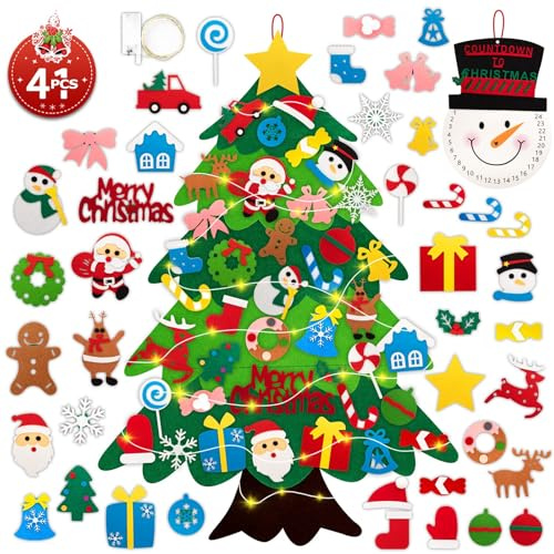 Lanpn Albero di Natale in Feltro 102 cm, con Calendario Avvento Pupazzo di Neve, Albero Natale Montessori per Bambini, Albero di Natale con luci con 41 Pezzi Decorazione da Appendere in Velcro