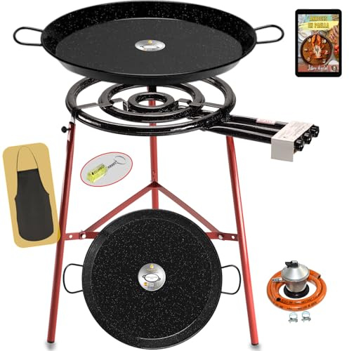 COMBOI Kit Paellero Pro-E 53 cm, Brûleur à gaz butane-propane, Paellera émaillée 70 et 42 cm, Régulateur, Tube, Pieds renforcés, niveau, tablier, livre de recettes numériques