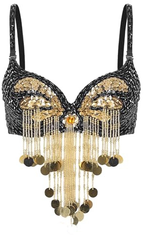 Miutii Womens Shiny Sequins Belly Dance Tops Beaded Tassels Underwired Bra Stage Performance Dance Costume Black One Size