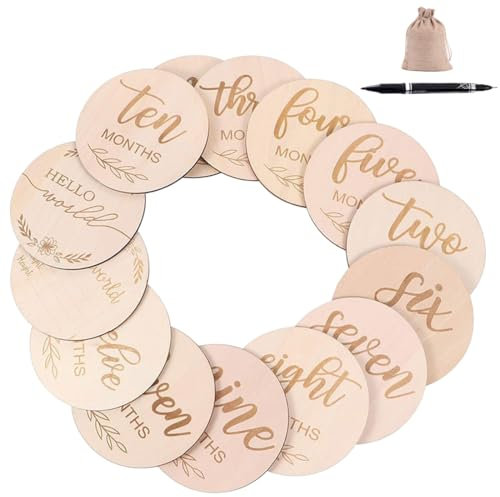 AYVRUOP 14 Stück Meilensteinkarten Baby Holz Meilensteinkarten Schwangerschaft Baby Monatskarten Zur Geburt Junge Mädchen 1-12 Monate Geschenk Für Werdende Mütter Eltern Babyparty