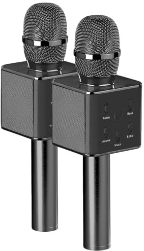 auvisio Karaoke-Mikrofon USB: 2er-Set Karaoke-Mikrofon mit Bluetooth, MP3-Player, Lautsprecher, Akku (Verstärker, für Party, Feier)