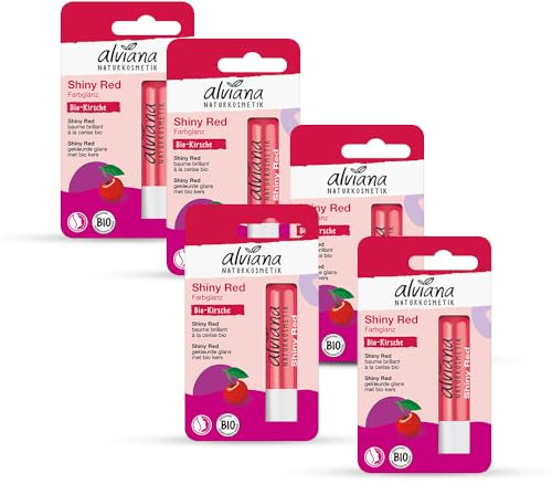 Alviana Lip Balm Shiny Red (Pack of 5) | Natural Red Tint & Glossy Finish | Organic Ingredients & Eco-Friendly Packaging, Certified Natural Product