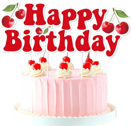 Decoración para tarta de cumpleaños de cereza, decoración de fiesta de cumpleaños de cereza, púa de pastel de cumpleaños de cereza roja, impresión de doble cara, decoración de pastel temática de