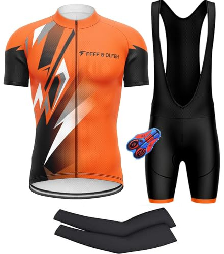 FFFF & OLFEH Herren Radtrikot Kurzarm-Set, Fahrrad Bekleidung Set mit Armstulpen, Radsport Outfit für Herren Schnelltrocknend Atmungsaktiv mit 9D Sitzpolster Radhose Radtrikots + Armlinge (XL,21)