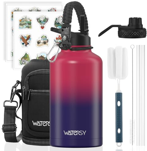 WATERSY Stainless Steel Vacuum Insulated Water Bottle 64oz, Drink Flask Metal Water Bottles 1890ml with 2 Lids Leakproof (Straw Lid and Spout Lid) Keep 24 Hours Cold Drinks for Sport, Work, Travel